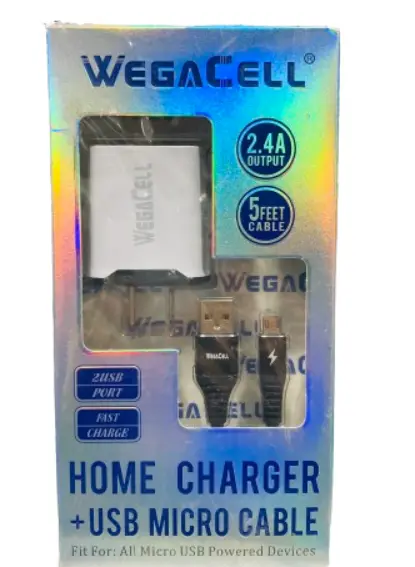 WegaCell - 2USB Port Fast Charge (Home Charger + 5ft USB Micro Cable) - Electronics (2.4A Output)