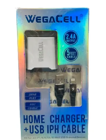 WegaCell - 2USB Port Fast Charge (Home Charger + 5ft USB IPH Cable) - Electronics (2.4A Output)