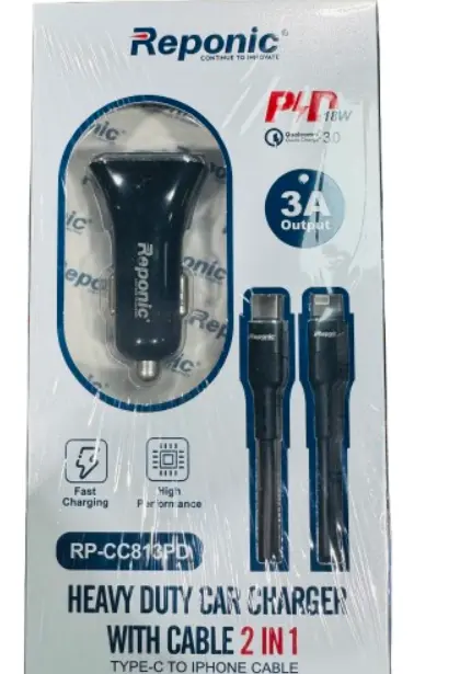 Reponic - Dual Port (Car Charger+Type-C to Iphone Cable)- Electronics (RP-HC813PD)