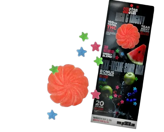 Sinstar - High&Mighty (80mg D9 THC+20mg D9 Nano+B12+B6Vitamins) Delta Gummies (100mg)