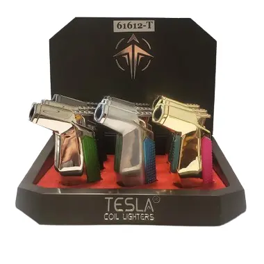 Tesla Coil - 45 Degree W/Cigar Punch (61612-T) Single Flame Refillable Lighters (9ct)