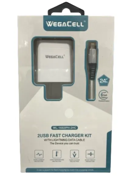 WegaCell - 2USB Fast Charger Kit (2USB Home Charger + 6ft Lightning Cable) - Electronics (2.4A Output)