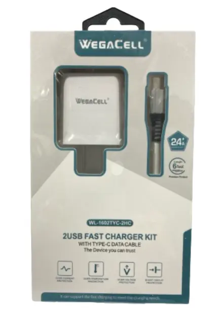WegaCell - 2USB Fast Charger Kit (Home Charger + 6ft Type-C Data Cable) - Electronics (2.4A Output)