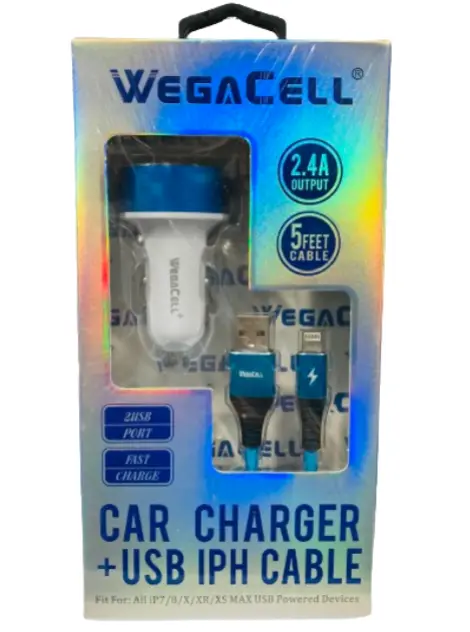 WegaCell - 2USB Port Fast Charge (Car Charger + 5ft USB IPH Cable) - Electronics (2.4A Output)