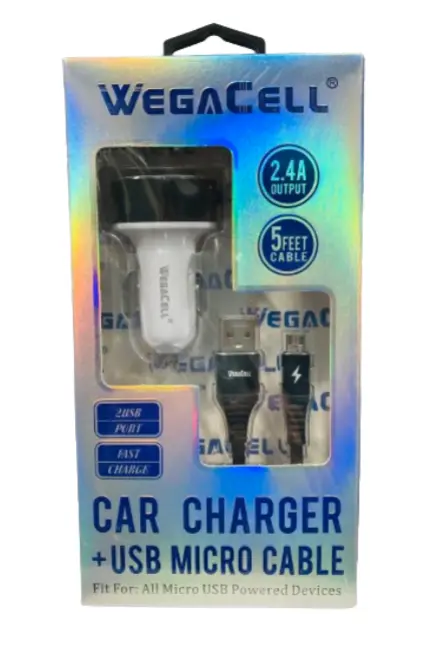 WegaCell - 2USB Port Fast Charge (Car Charger + 5ft USB Micro Cable) - Electronics (2.4A Output)