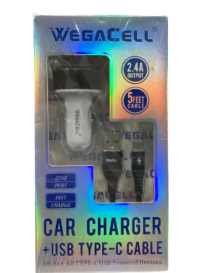 WegaCell - 2USB Port Fast Charge (Car Charger + USB Type-C 5ft Cable) - Electronics (2.4A Output)