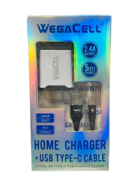 WegaCell - 2USB Port Fast Charge (Home Charger + 5ft USB Type-C Cable) - Electronics (2.4A Output)