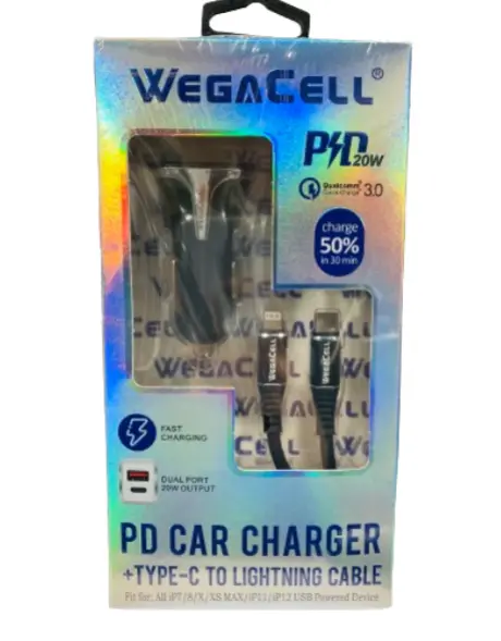 WegaCell - Dual Port Fast Charge (PD Car Charger + Type-C to Lightning Cable) - Electronics (20W Output)