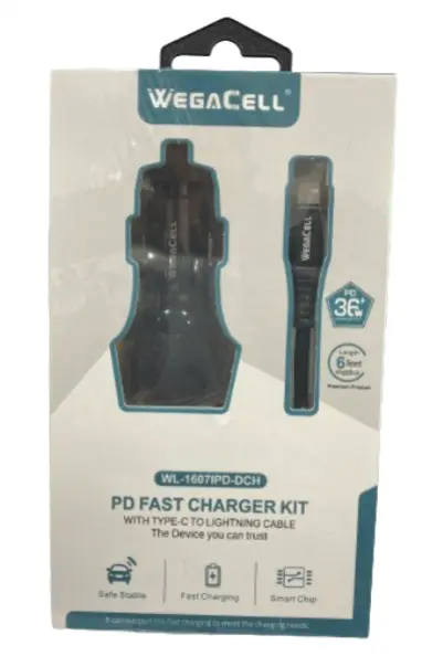 WegaCell - PD Fast Charger Kit (PD Car Charger + Type-C to 6ft Lightning Cable) - Electronics (36W Output)