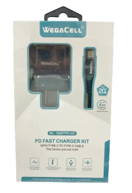 WegaCell - PD Fast Charger Kit (PD Home Charger + 6ft Type-C to Type-C Cable) - Electronics (20W Output)